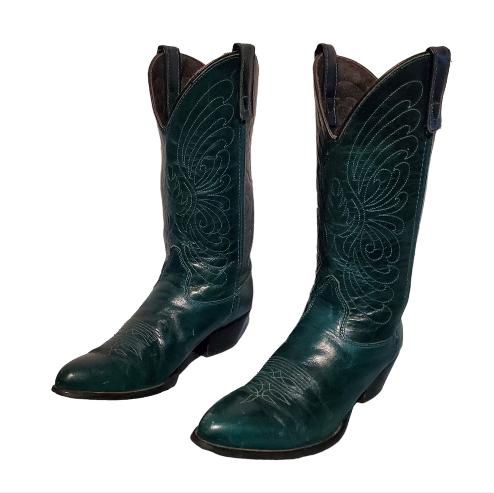 Vintage Green Leather Cowboy Western Boots Women's Size 7.5M, Made In U.S.A. - Picture 4 of 11